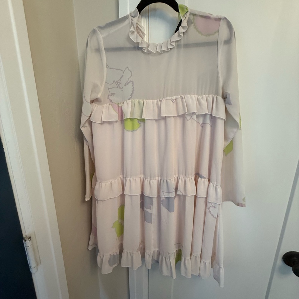 Sheer top Ruffle Dress with Floral Accents